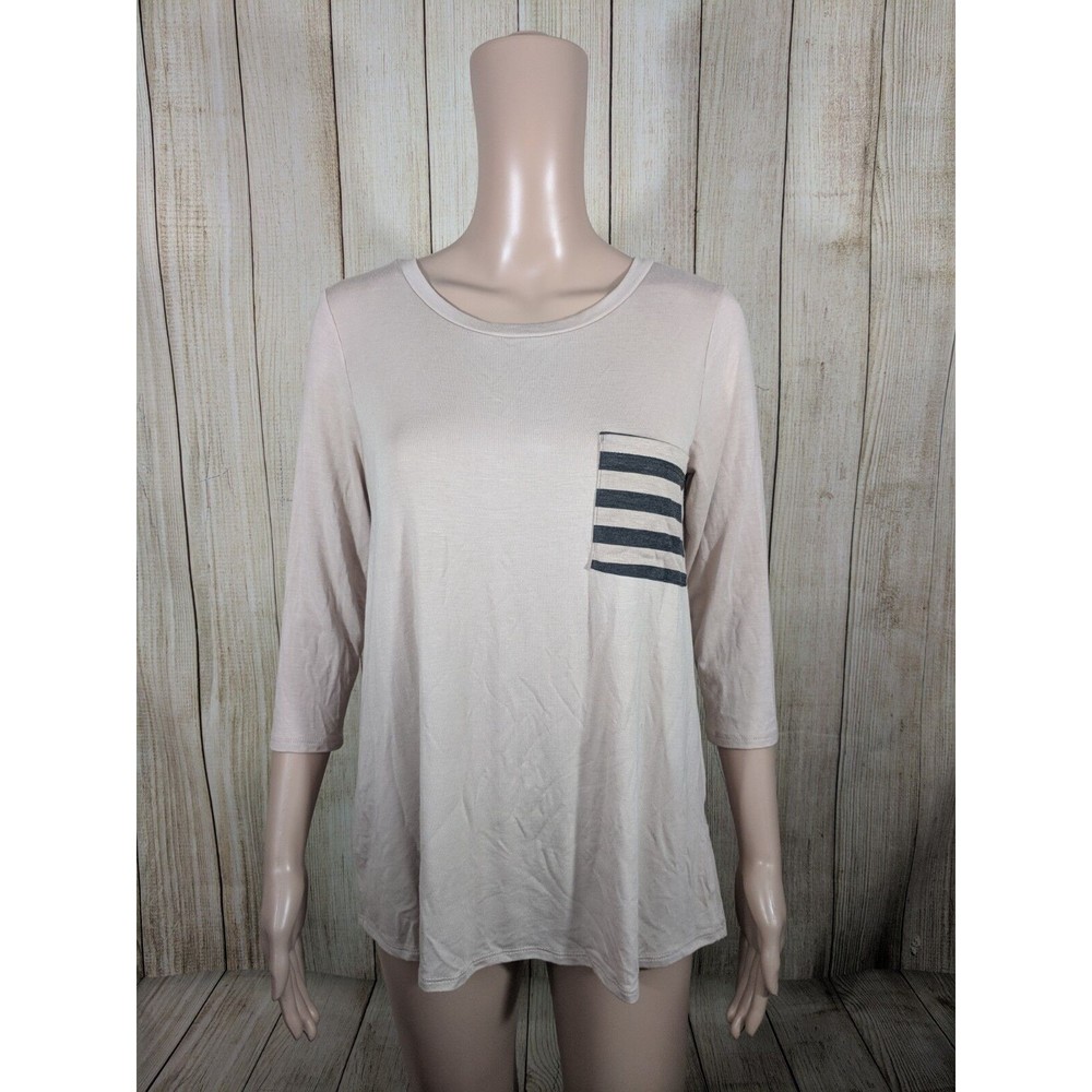 AJ My Amelia James Womens Small Beige Pocket 3/4 Sleeve Knit Tee NWT